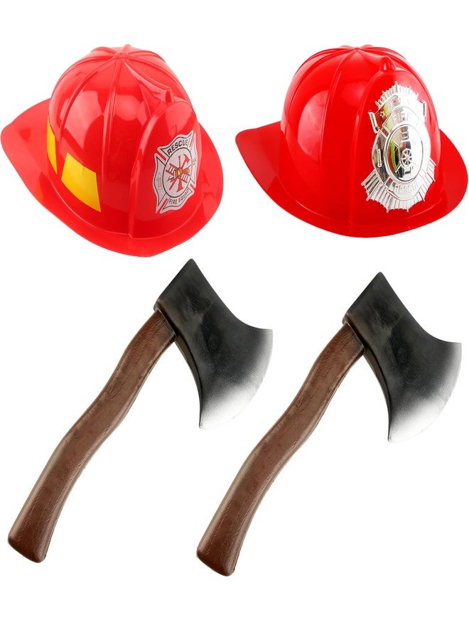 Cotiny 4 Pack Adult Firefighter Helmet and Axe Set Red Fireman Hat Halloween Axe Prop for Kids Adult Halloween Dress Up Accessories - Image 1